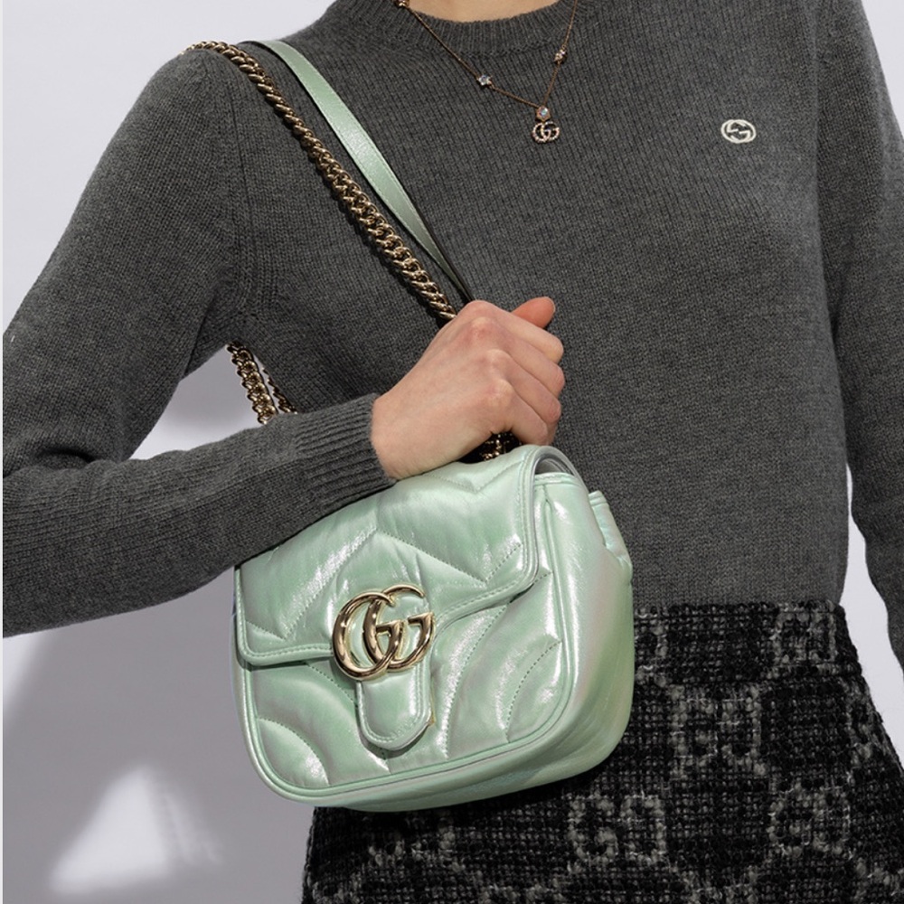 NEW Gucci GG Marmont Iridescent Green Matelasse Leather Crossbody Bag